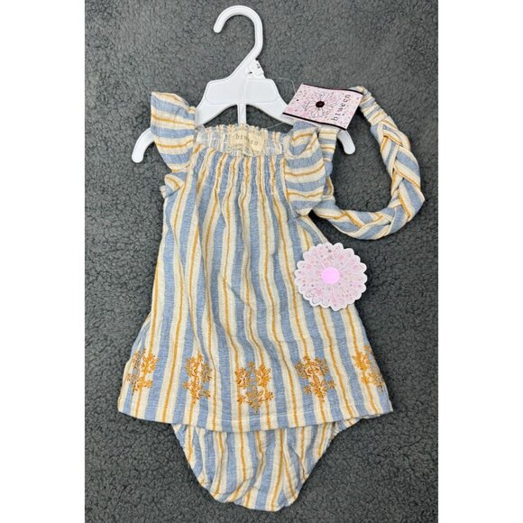 Btween 3M 3 nfant Outfit Set With Headband Yellow & Blue Stripes Embroidered Flo - Picture 1 of 7